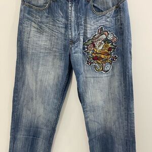 Indigo Red Jean’s Old School Baggy Mens Long Denim Rapper Jeans Embroiled Rare